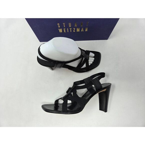 STUART WEITZMAN BLACK LEATHER ELASTIC STRAPPY BASILISK HEELED SANDAL SIZE 8.5M - Picture 1 of 9